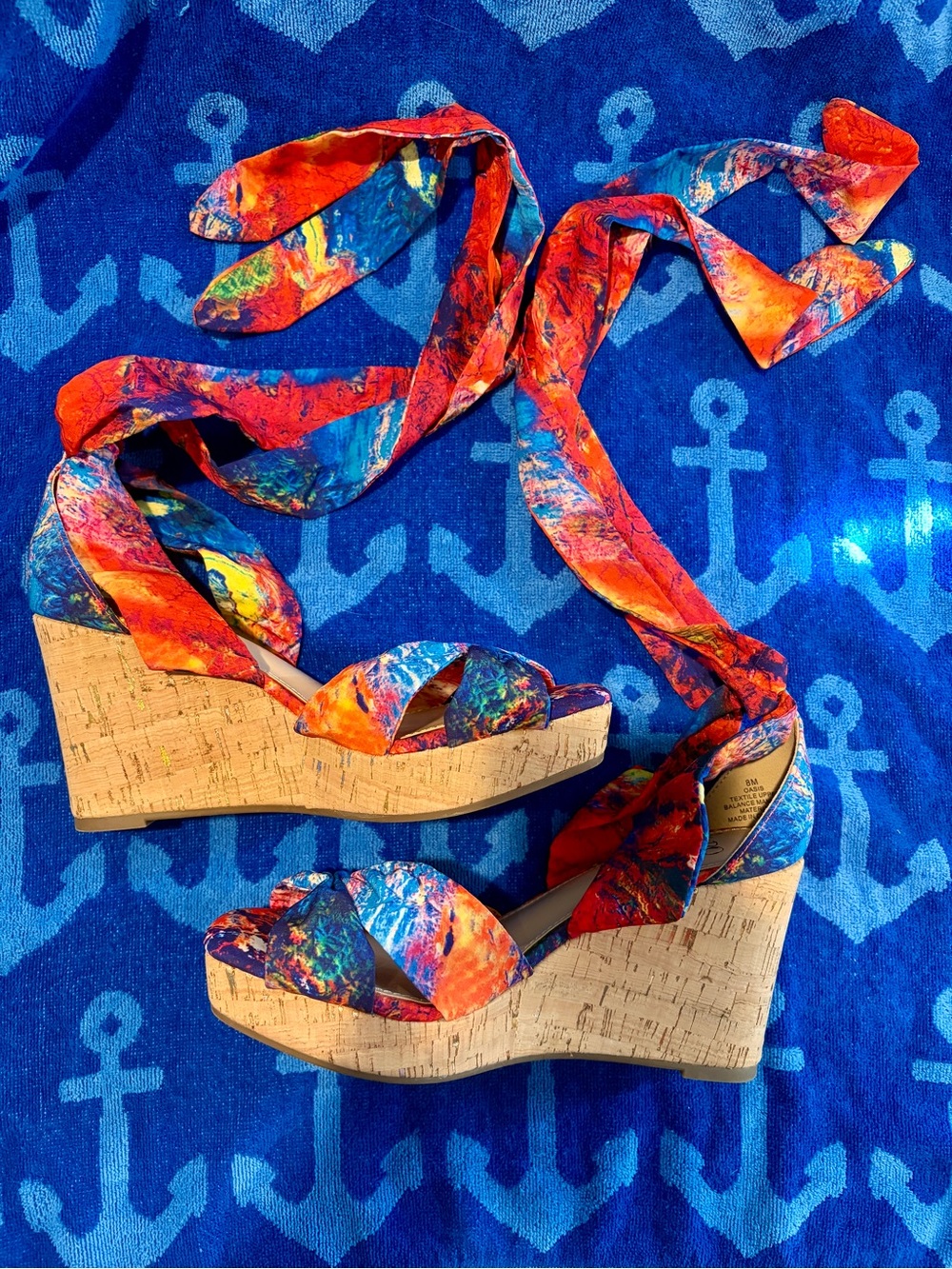 Impo Orange and Blue Abstract Print Cork Wedge Sandals